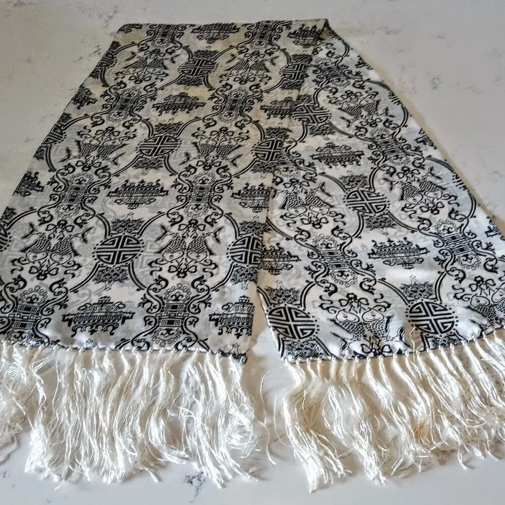 Chinese Black & Ivory Silk Oblong Fringed Scarf